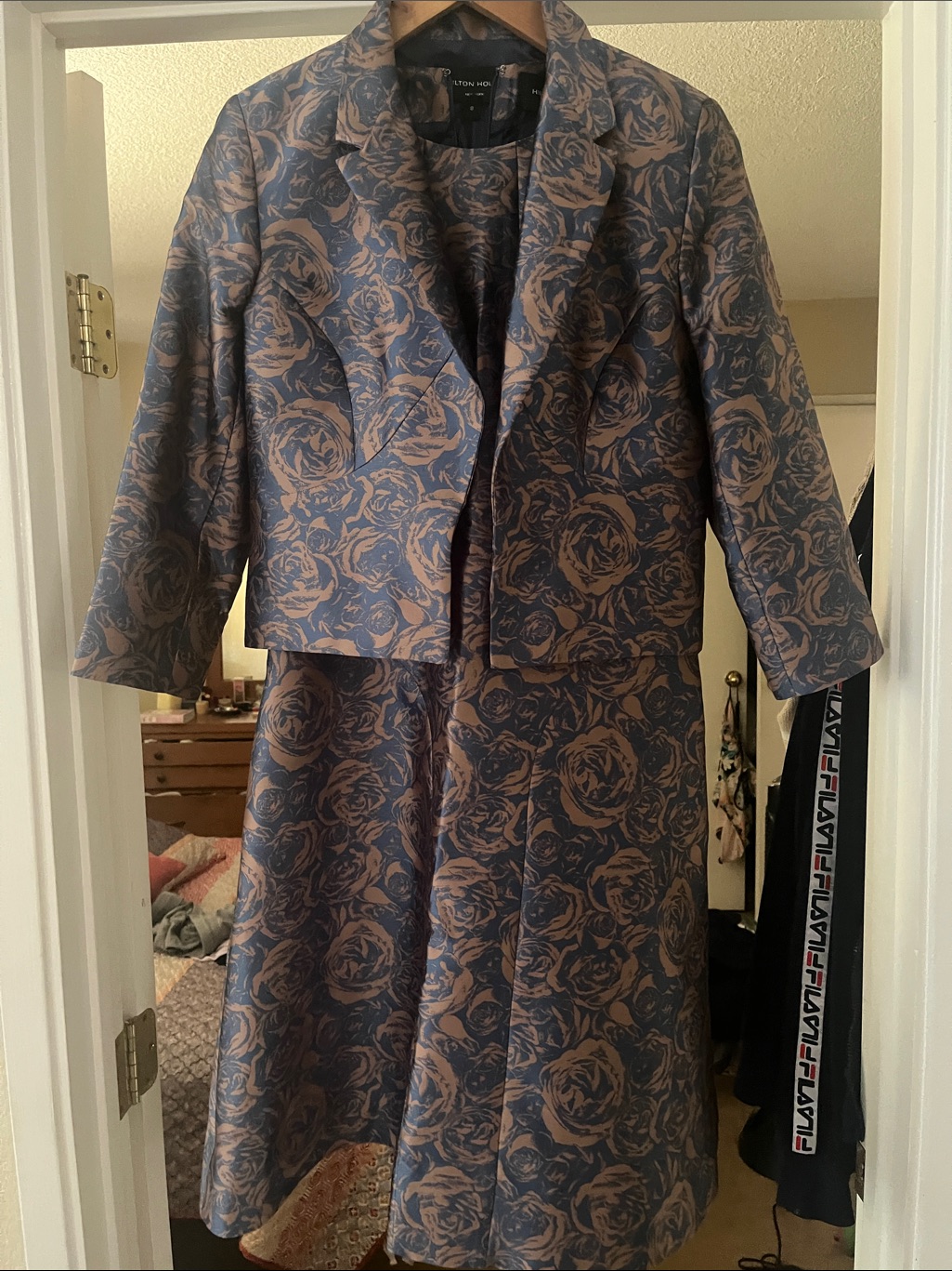 Two-Piece Floral Jacquard Midi Dress And Cropped Jacket In Blue And Tan